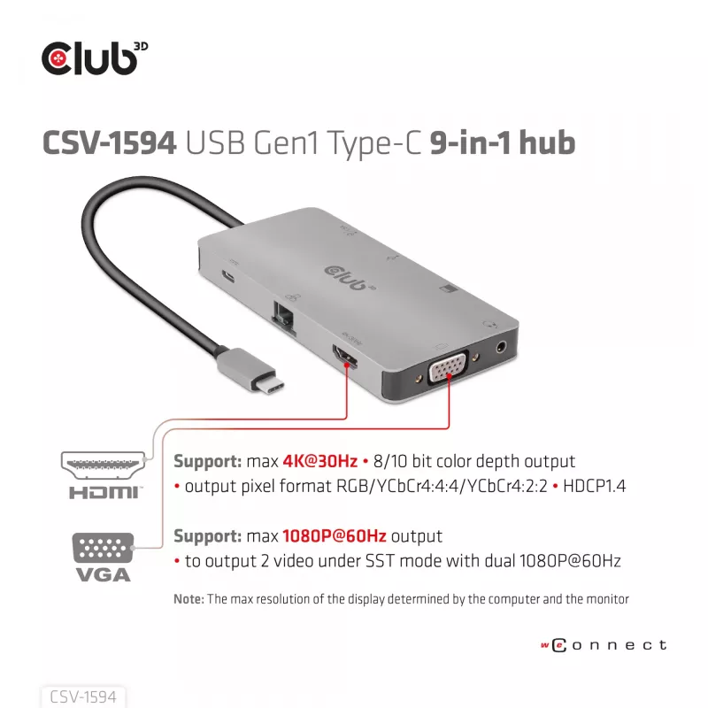 CLUB3D USB Gen1 Type-C 9-in-1 hub with HDMI, VGA, 2x USB Gen1 Type-A, RJ45, SD/Micro SD card slots and USB Gen1 Type-C Female port