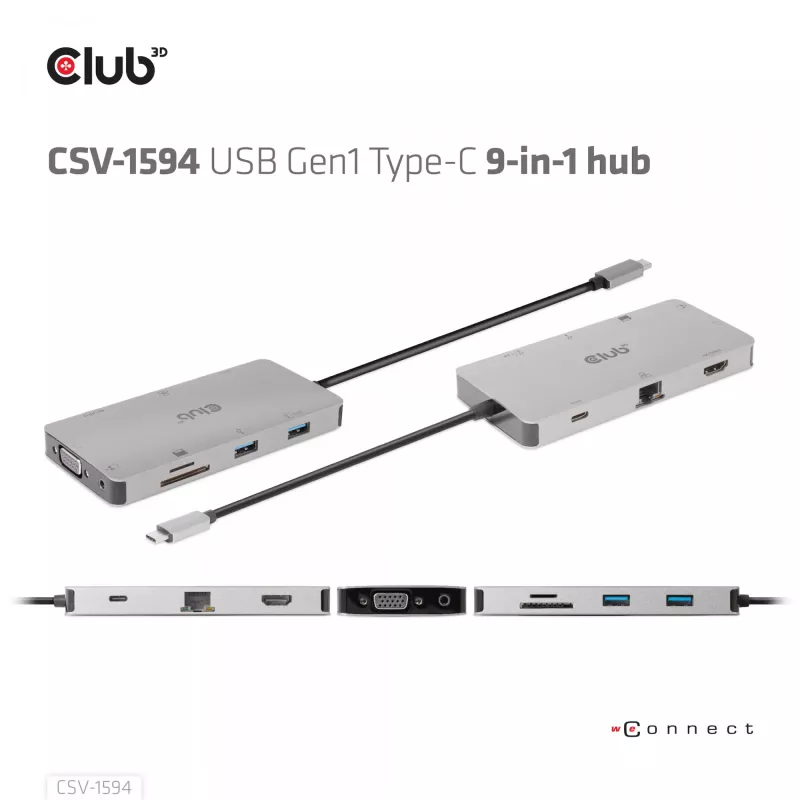 CLUB3D USB Gen1 Type-C 9-in-1 hub with HDMI, VGA, 2x USB Gen1 Type-A, RJ45, SD/Micro SD card slots and USB Gen1 Type-C Female port