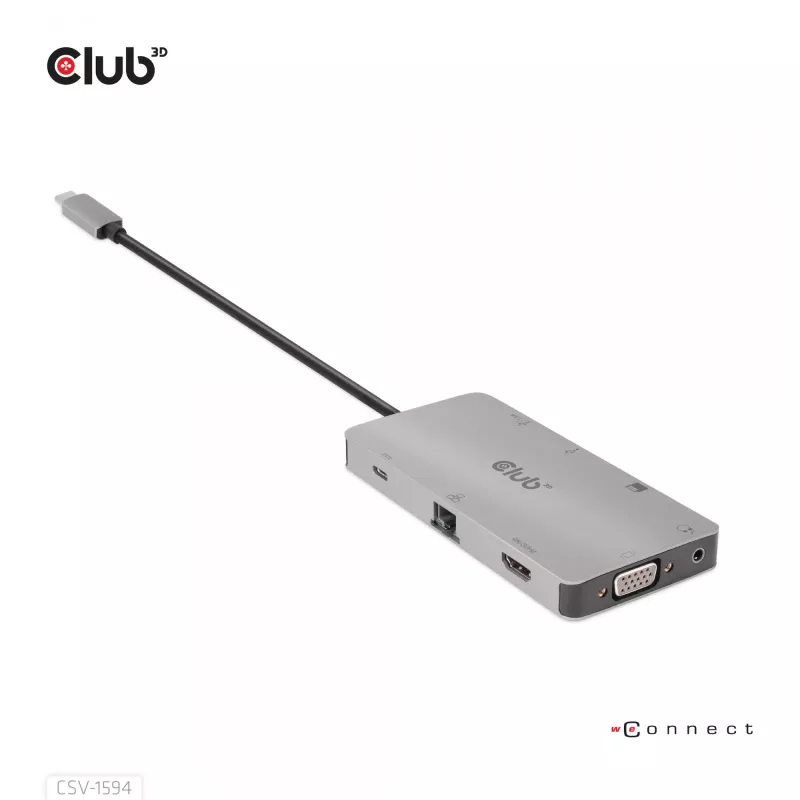 CLUB3D USB Gen1 Type-C 9-in-1 hub with HDMI, VGA, 2x USB Gen1 Type-A, RJ45, SD/Micro SD card slots and USB Gen1 Type-C Female port