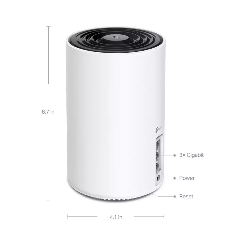 Router TP‑LINK AXE5400 Mesh Wi‑Fi 6E system — Tri‑Band 2.4/5/6 GHz, coverage up to 670 m², 3× LAN, 4 internal antennas