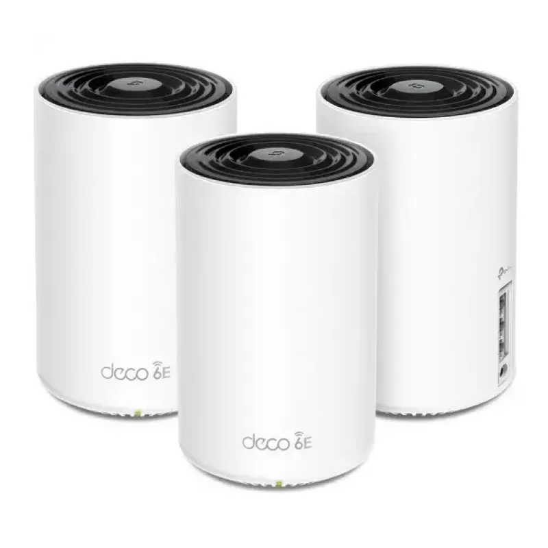 Router TP‑LINK AXE5400 Mesh Wi‑Fi 6E system — Tri‑Band 2.4/5/6 GHz, coverage up to 670 m², 3× LAN, 4 internal antennas