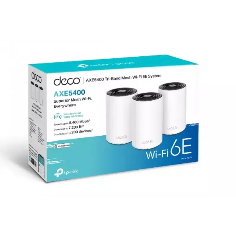 Router TP‑LINK AXE5400 Mesh Wi‑Fi 6E system — Tri‑Band 2.4/5/6 GHz, coverage up to 670 m², 3× LAN, 4 internal antennas