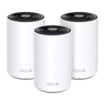 Router TP‑LINK AXE5400 Mesh Wi‑Fi 6E system — Tri‑Band 2.4/5/6 GHz, coverage up to 670 m², 3× LAN, 4 internal antennas