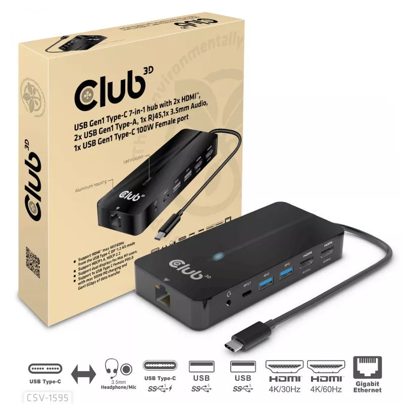CLUB3D Type-C 7-in-1 hub with 2x HDMI, 2x USB Gen1 Type-A, 1x RJ45, 1x 3.5mm Audio, 1x USB Gen1 Type-C 100W Female port