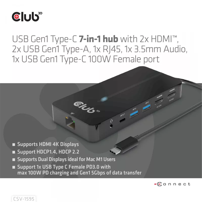 CLUB3D Type-C 7-in-1 hub with 2x HDMI, 2x USB Gen1 Type-A, 1x RJ45, 1x 3.5mm Audio, 1x USB Gen1 Type-C 100W Female port