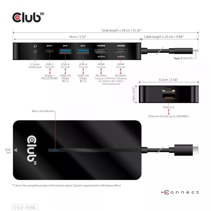 CLUB3D Type-C 7-in-1 hub with 2x HDMI, 2x USB Gen1 Type-A, 1x RJ45, 1x 3.5mm Audio, 1x USB Gen1 Type-C 100W Female port