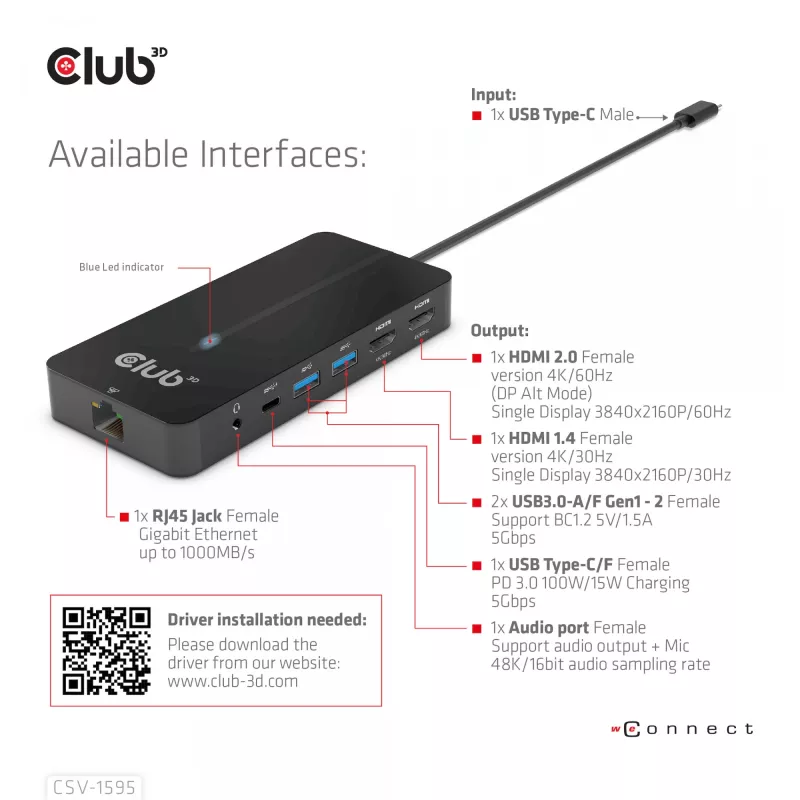 CLUB3D Type-C 7-in-1 hub with 2x HDMI, 2x USB Gen1 Type-A, 1x RJ45, 1x 3.5mm Audio, 1x USB Gen1 Type-C 100W Female port