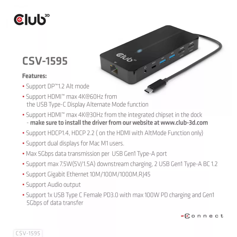 CLUB3D Type-C 7-in-1 hub with 2x HDMI, 2x USB Gen1 Type-A, 1x RJ45, 1x 3.5mm Audio, 1x USB Gen1 Type-C 100W Female port