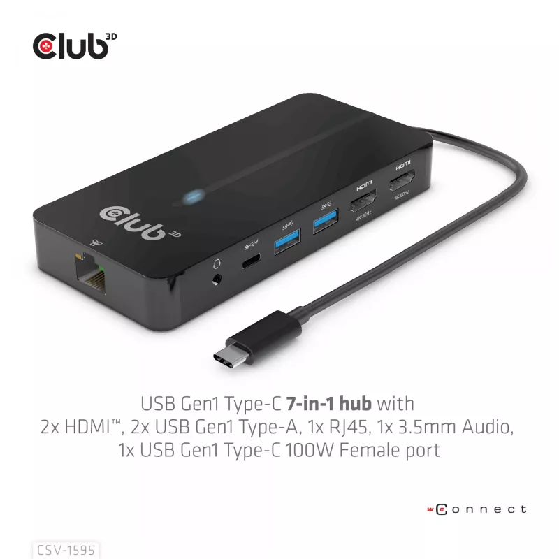 CLUB3D Type-C 7-in-1 hub with 2x HDMI, 2x USB Gen1 Type-A, 1x RJ45, 1x 3.5mm Audio, 1x USB Gen1 Type-C 100W Female port