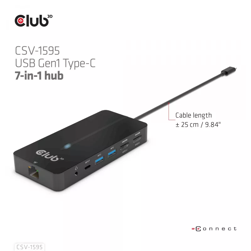 CLUB3D Type-C 7-in-1 hub with 2x HDMI, 2x USB Gen1 Type-A, 1x RJ45, 1x 3.5mm Audio, 1x USB Gen1 Type-C 100W Female port