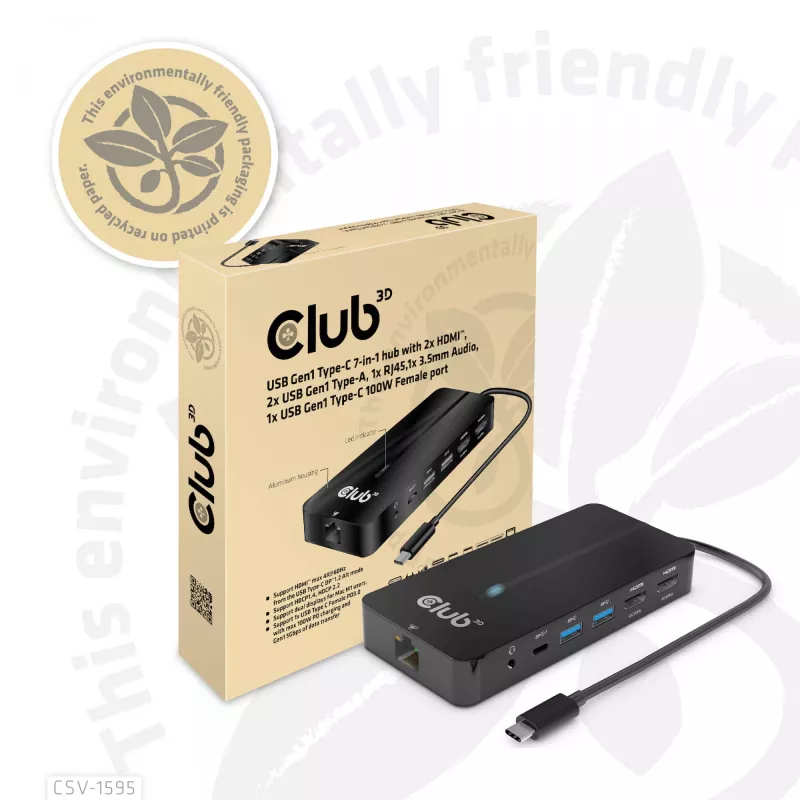 CLUB3D Type-C 7-in-1 hub with 2x HDMI, 2x USB Gen1 Type-A, 1x RJ45, 1x 3.5mm Audio, 1x USB Gen1 Type-C 100W Female port