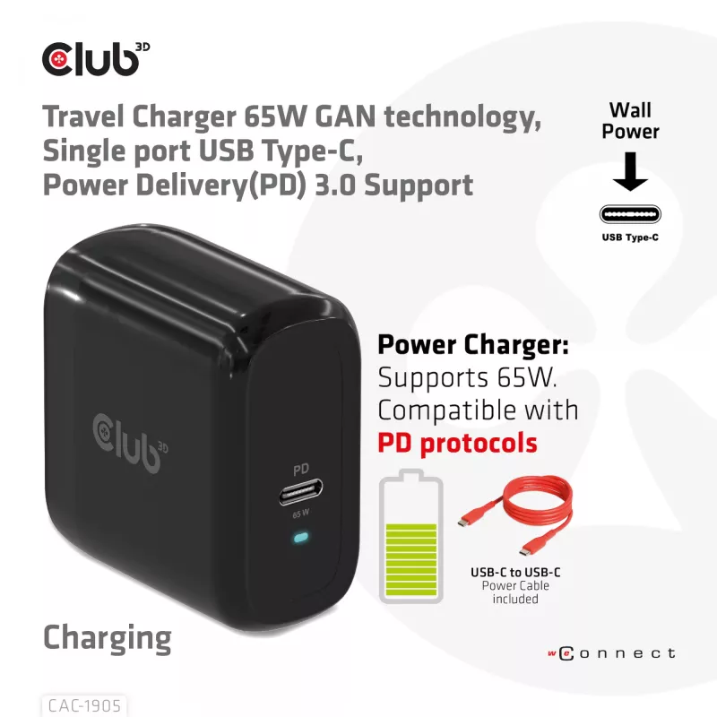 CLUB3D Travel Charger 65W GAN technology, Single port USB Type-C, Power Delivery(PD) 3.0 Support