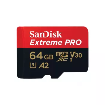 MicroSDXC flash memory SANDISK Extreme PRO 64GB UHS‑I U3 V30 A2, read 200 MB/s, write 90–140 MB/s, includes SD adapter