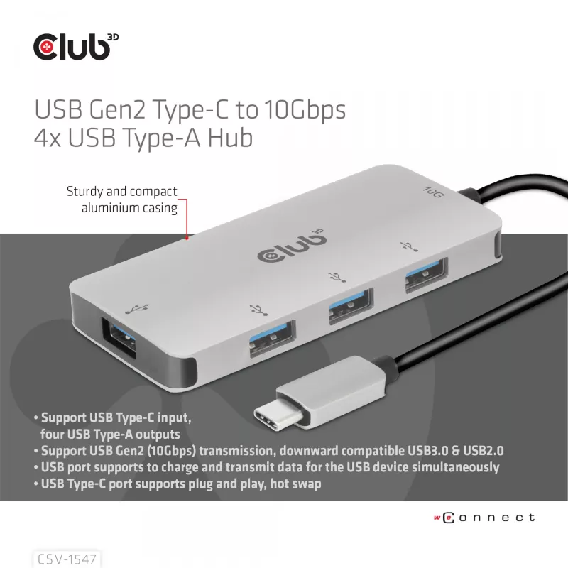 CLUB3D 4-Port USB-A Hub for USB-C – 10Gbps Fast Transfer