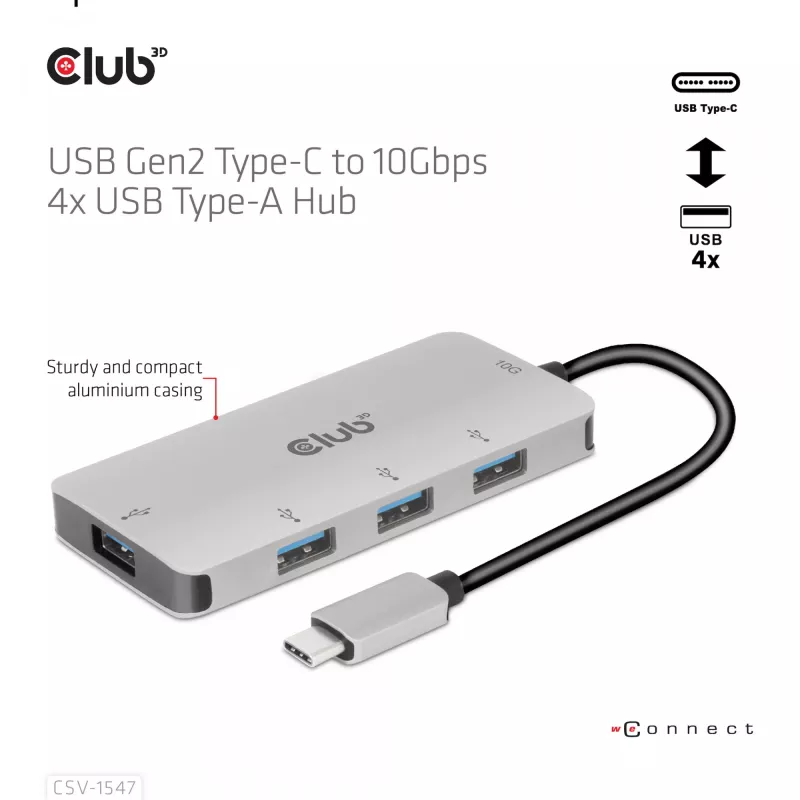 CLUB3D 4-Port USB-A Hub for USB-C – 10Gbps Fast Transfer