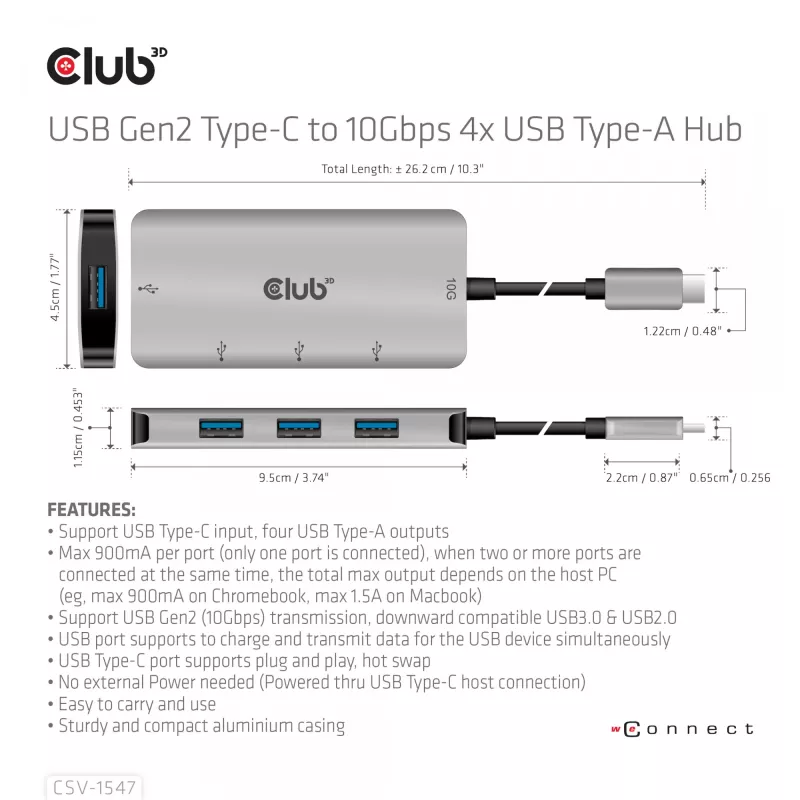 CLUB3D 4-Port USB-A Hub for USB-C – 10Gbps Fast Transfer