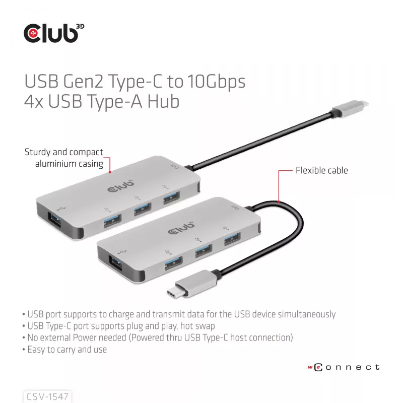 CLUB3D 4-Port USB-A Hub for USB-C – 10Gbps Fast Transfer