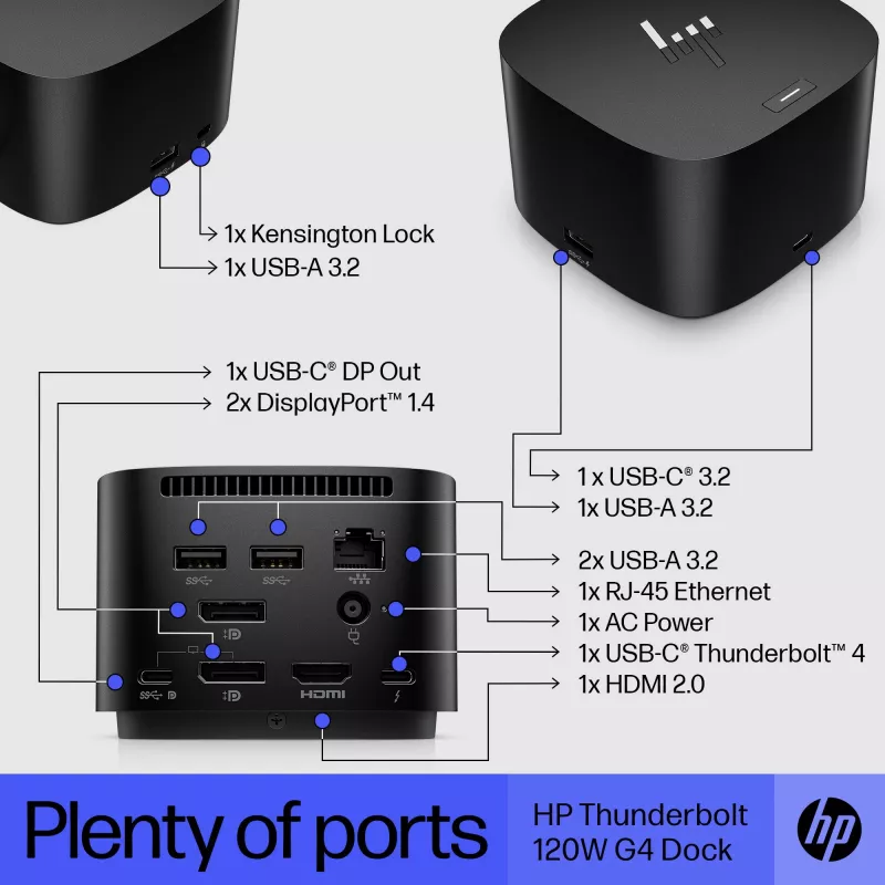 HP Thunderbolt Dock 120W G4, Wired, Thunderbolt 4, Black, Kensington, China, Thailand, Taiwan, Business