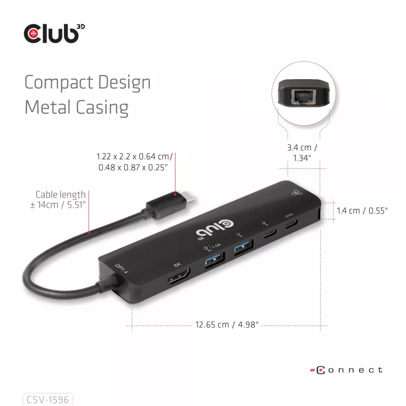 CLUB3D USB Gen1 Type-C, 6-in-1 Hub with HDMI 8K30Hz, 2xUSB Type-A, RJ45 and 2xUSB Type-C, Data and PD charging 100 watt