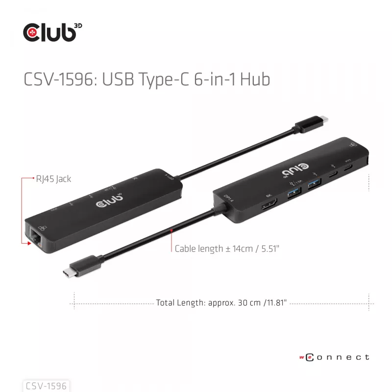 CLUB3D USB Gen1 Type-C, 6-in-1 Hub with HDMI 8K30Hz, 2xUSB Type-A, RJ45 and 2xUSB Type-C, Data and PD charging 100 watt