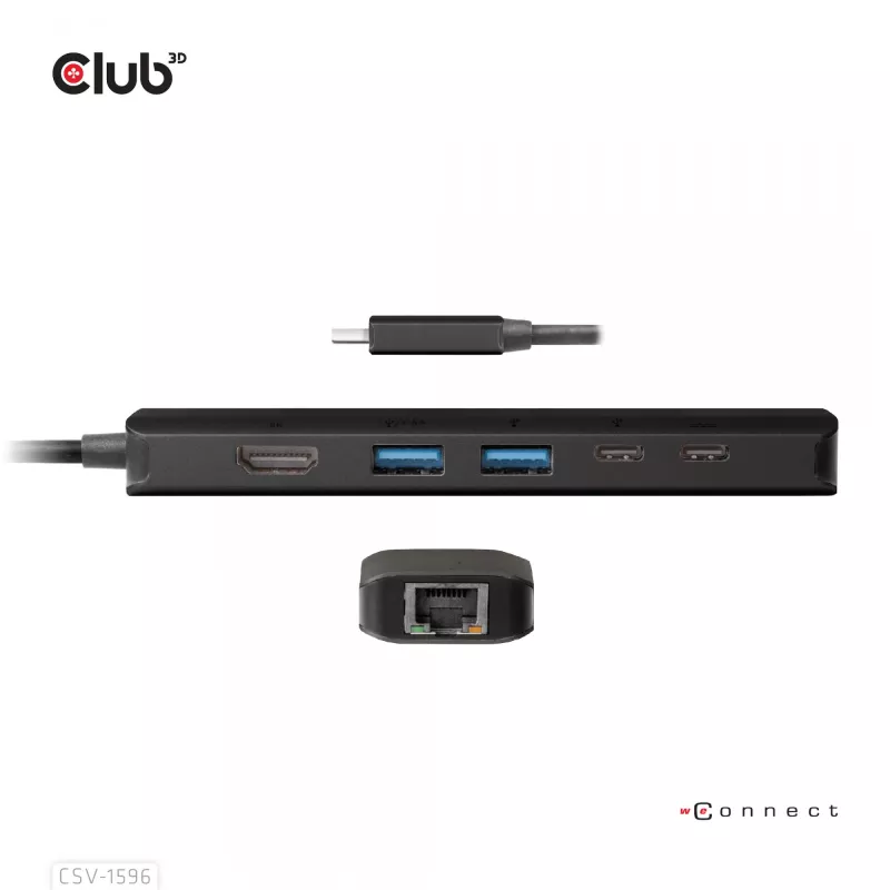 CLUB3D USB Gen1 Type-C, 6-in-1 Hub with HDMI 8K30Hz, 2xUSB Type-A, RJ45 and 2xUSB Type-C, Data and PD charging 100 watt