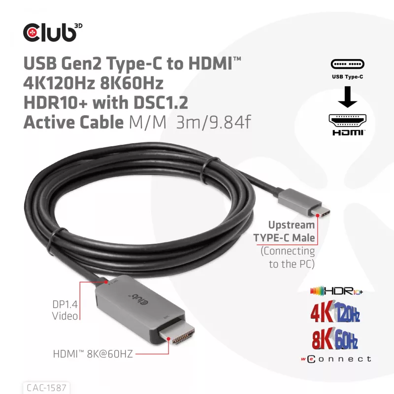 CLUB3D USB Gen2 Type-C to HDMI 4K120Hz 8K60Hz HDR10 with DSC1.2 Active Cable M/M 3m / 9.84ft