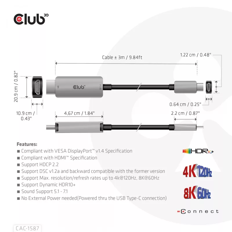 CLUB3D USB Gen2 Type-C to HDMI 4K120Hz 8K60Hz HDR10 with DSC1.2 Active Cable M/M 3m / 9.84ft