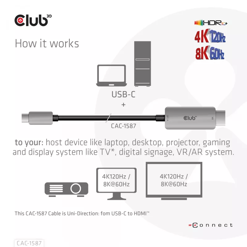CLUB3D USB Gen2 Type-C to HDMI 4K120Hz 8K60Hz HDR10 with DSC1.2 Active Cable M/M 3m / 9.84ft