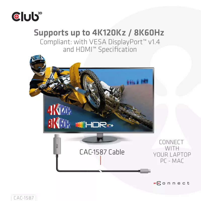 CLUB3D USB Gen2 Type-C to HDMI 4K120Hz 8K60Hz HDR10 with DSC1.2 Active Cable M/M 3m / 9.84ft