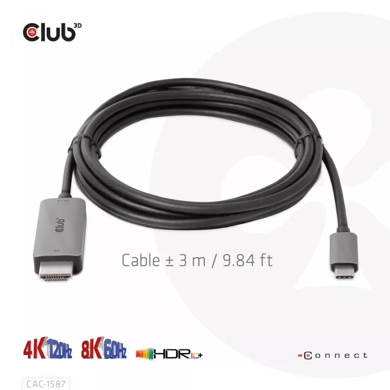 CLUB3D USB Gen2 Type-C to HDMI 4K120Hz 8K60Hz HDR10 with DSC1.2 Active Cable M/M 3m / 9.84ft