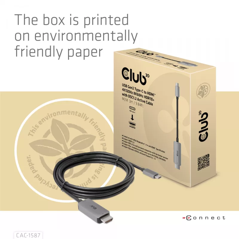 CLUB3D USB Gen2 Type-C to HDMI 4K120Hz 8K60Hz HDR10 with DSC1.2 Active Cable M/M 3m / 9.84ft