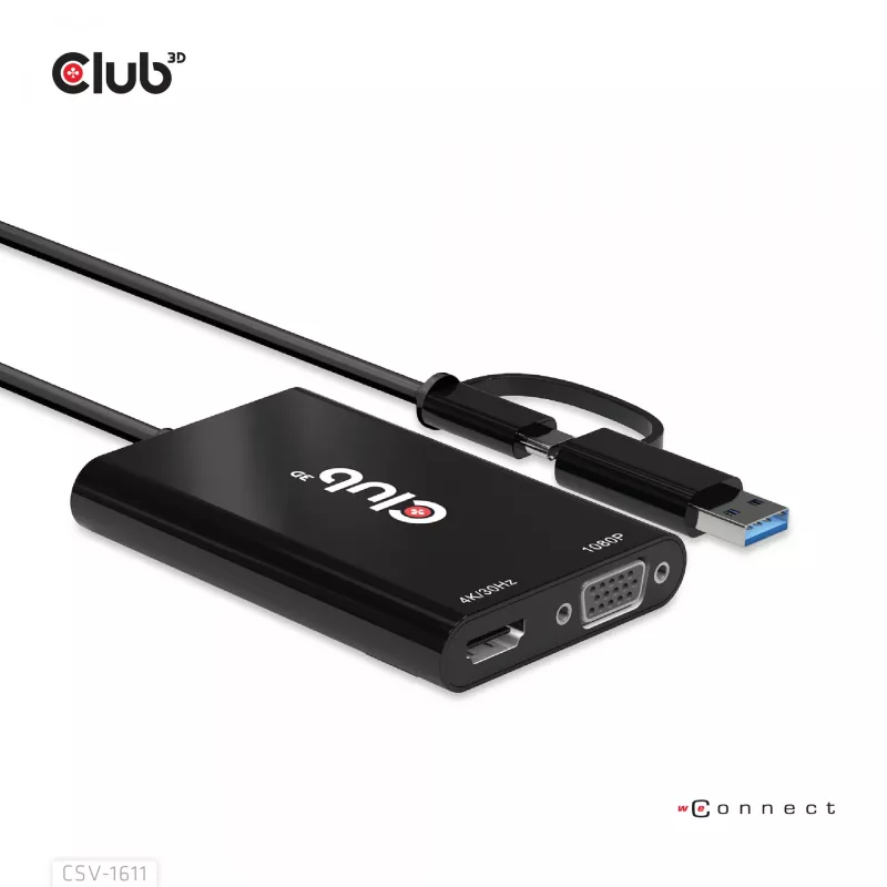 CLUB3D USB Gen1 Type-C/-A to Dual HDMI (4K/30Hz) / VGA (1080/60Hz)