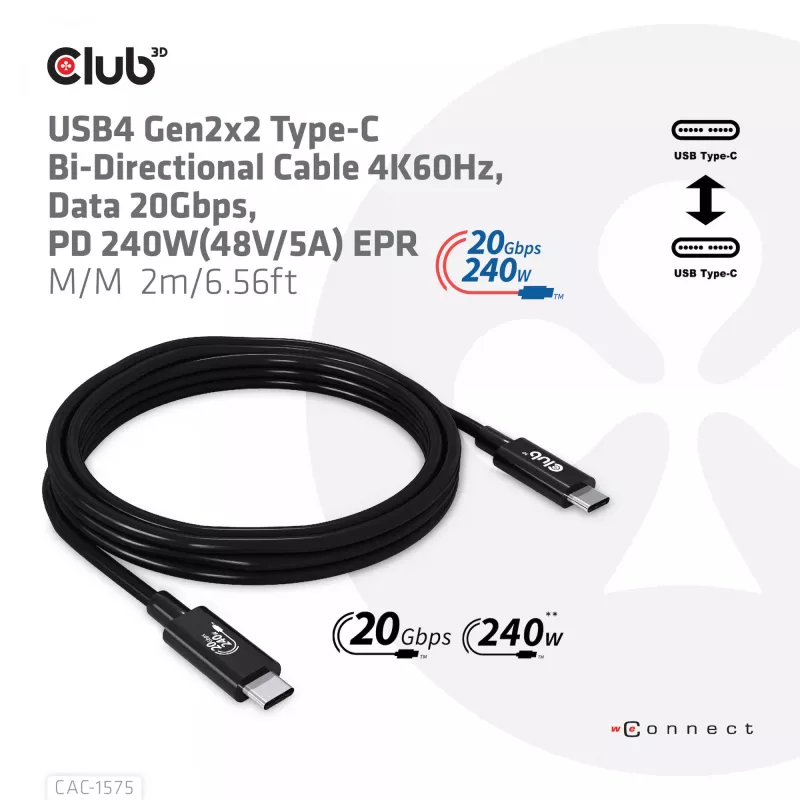 CLUB3D USB4 Gen2x2 Type-C Bi-Directional Cable 4K60Hz, Data 20Gbps, PD 240W(48V/5A) EPR M/M 2m
