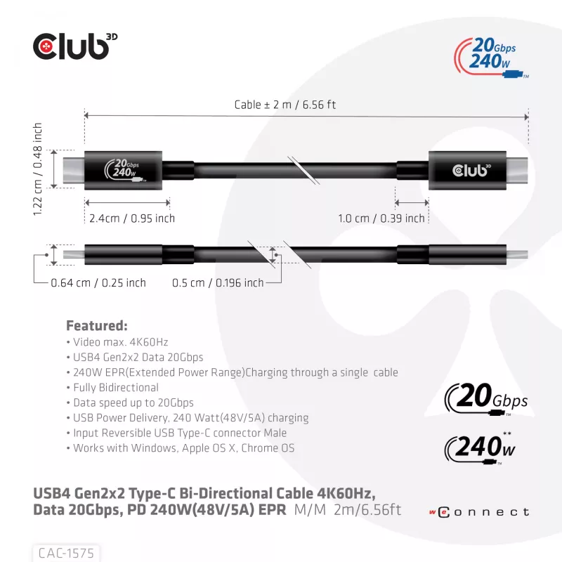 CLUB3D USB4 Gen2x2 Type-C Bi-Directional Cable 4K60Hz, Data 20Gbps, PD 240W(48V/5A) EPR M/M 2m