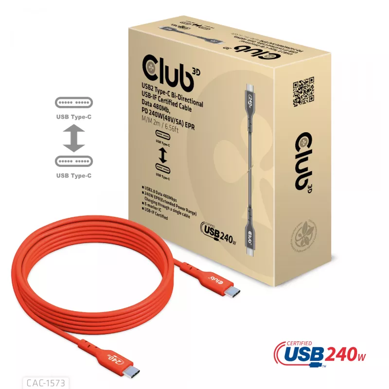 USB-C to USB-C Bi-Directional Cable CLUB3D CAC-1573, USB4 Gen 2x2, 2 m, Red, PD up to 240W