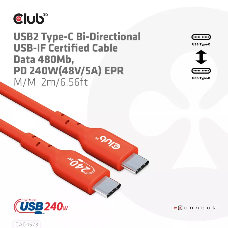 USB-C to USB-C Bi-Directional Cable CLUB3D CAC-1573, USB4 Gen 2x2, 2 m, Red, PD up to 240W