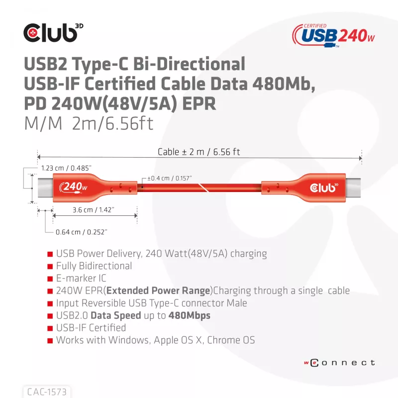 USB-C to USB-C Bi-Directional Cable CLUB3D CAC-1573, USB4 Gen 2x2, 2 m, Red, PD up to 240W
