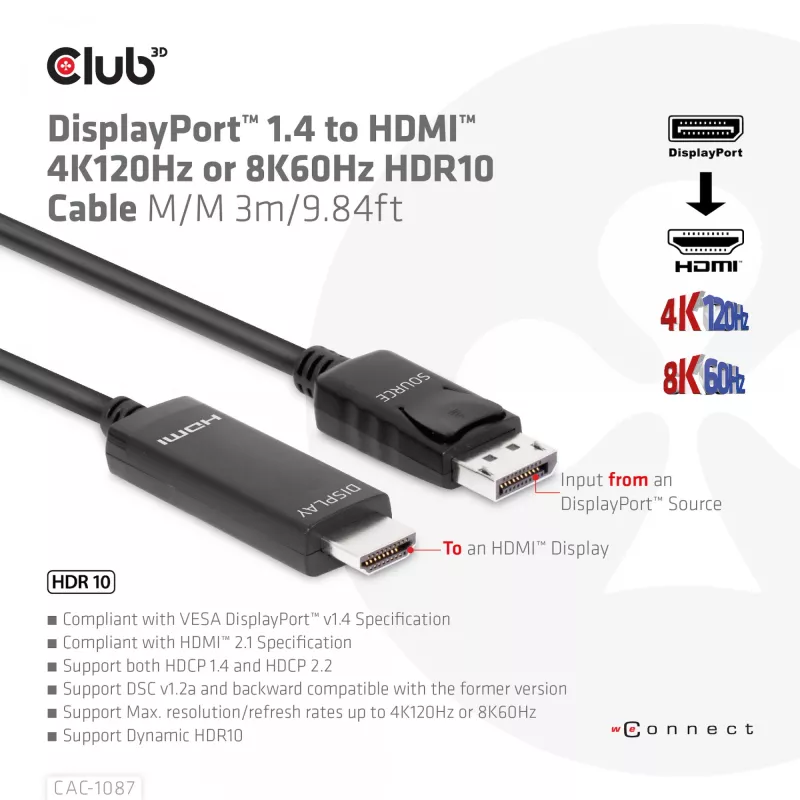 CLUB3D DisplayPort 1.4 to HDMI 4K120Hz or 8K60Hz HDR10 Cable M/M 3m/9.84ft