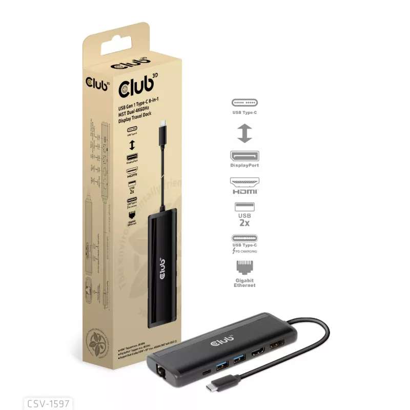 CLUB3D USB Gen 1 Type-C 8-in-1 MST Dual 4K60Hz Display Travel Dock