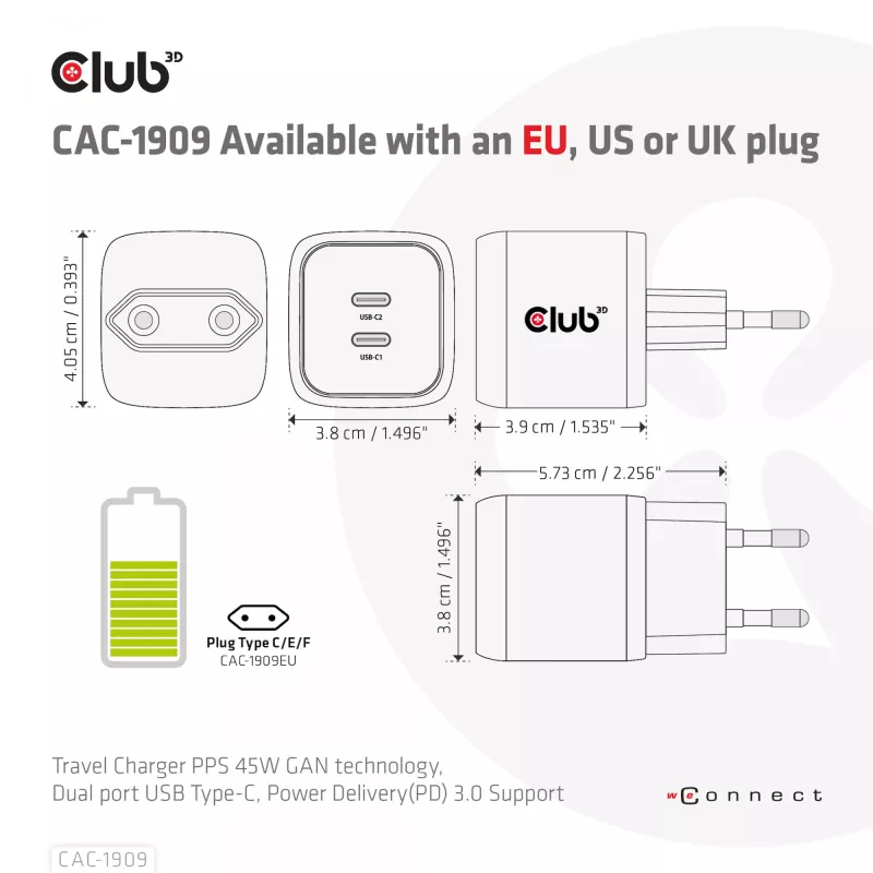 CLUB3D Travel Charger PPS 45W GAN technology, Dual port USB Type-C, Power Delivery(PD) 3.0 Support
