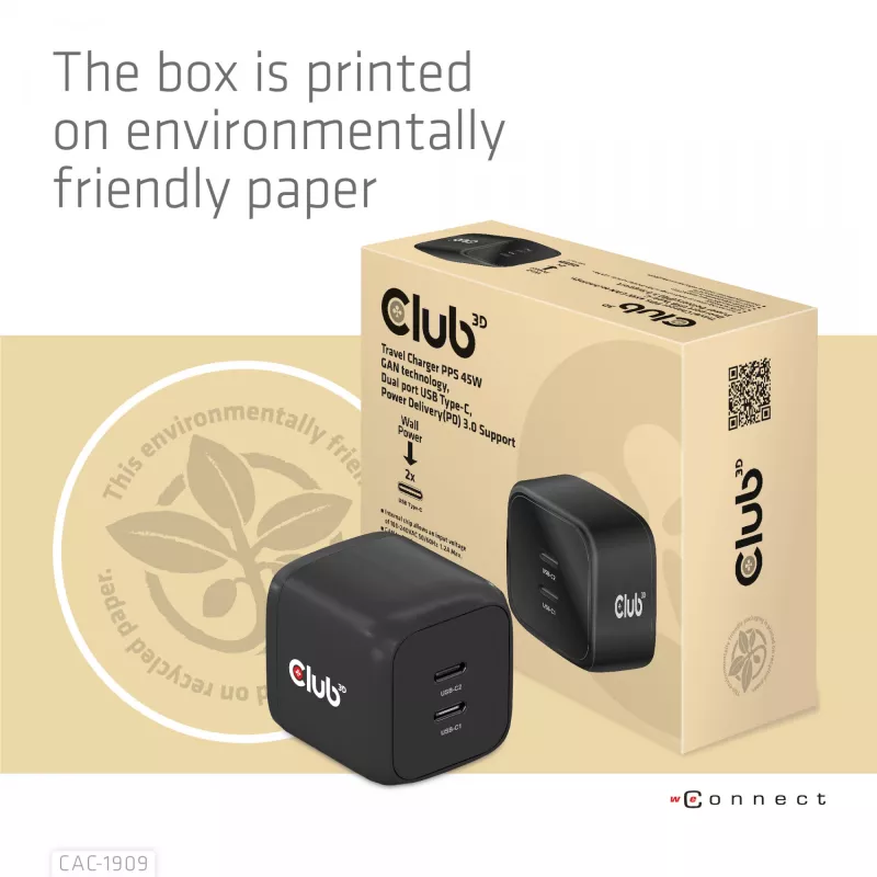 CLUB3D Travel Charger PPS 45W GAN technology, Dual port USB Type-C, Power Delivery(PD) 3.0 Support