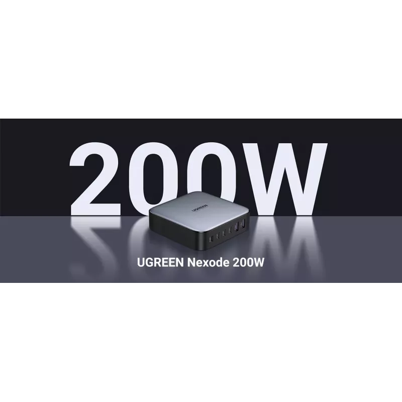 Ugreen 40914 Nexode 200W GaN Desktop USB-C USB-A Charger, Indoor, AC, 21 V, 5 A, 2 m, Black, Grey