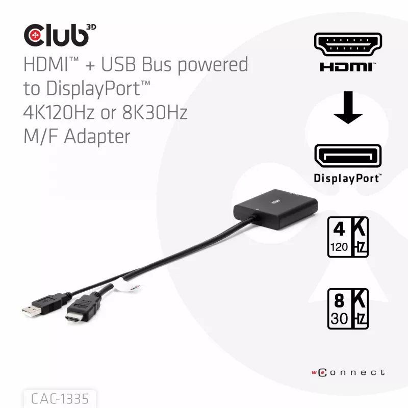 CLUB3D HDMI + Micro USB to DisplayPort™ 4K120Hz or 8K30Hz M/F Active Adapter