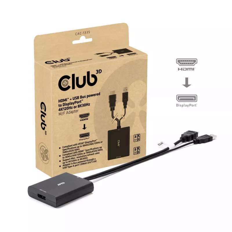 CLUB3D HDMI + Micro USB to DisplayPort™ 4K120Hz or 8K30Hz M/F Active Adapter