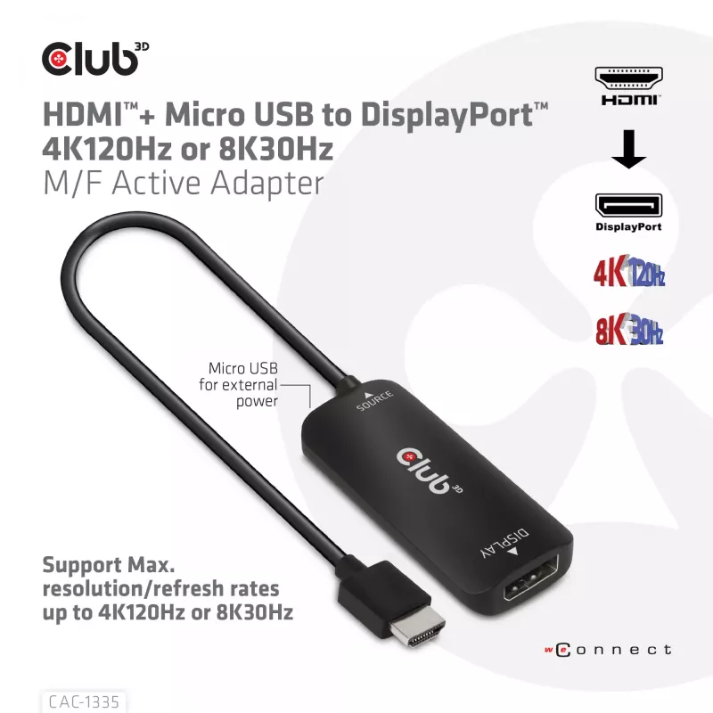 CLUB3D HDMI + Micro USB to DisplayPort™ 4K120Hz or 8K30Hz M/F Active Adapter