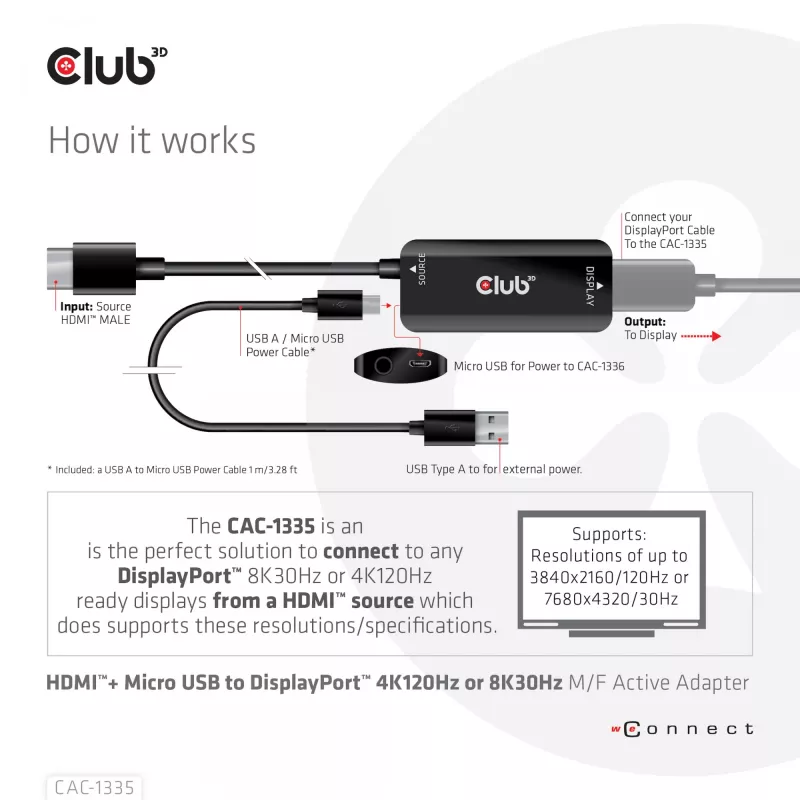 CLUB3D HDMI + Micro USB to DisplayPort™ 4K120Hz or 8K30Hz M/F Active Adapter