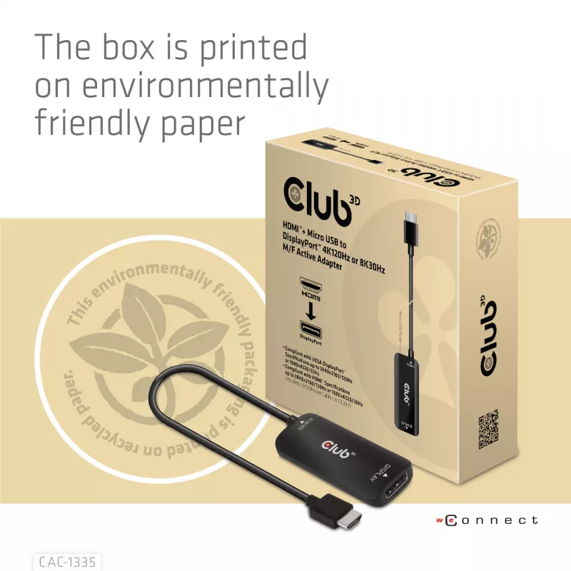 CLUB3D HDMI + Micro USB to DisplayPort™ 4K120Hz or 8K30Hz M/F Active Adapter