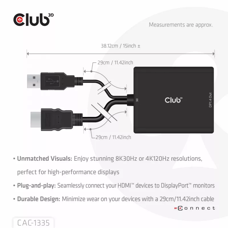 CLUB3D HDMI + Micro USB to DisplayPort™ 4K120Hz or 8K30Hz M/F Active Adapter