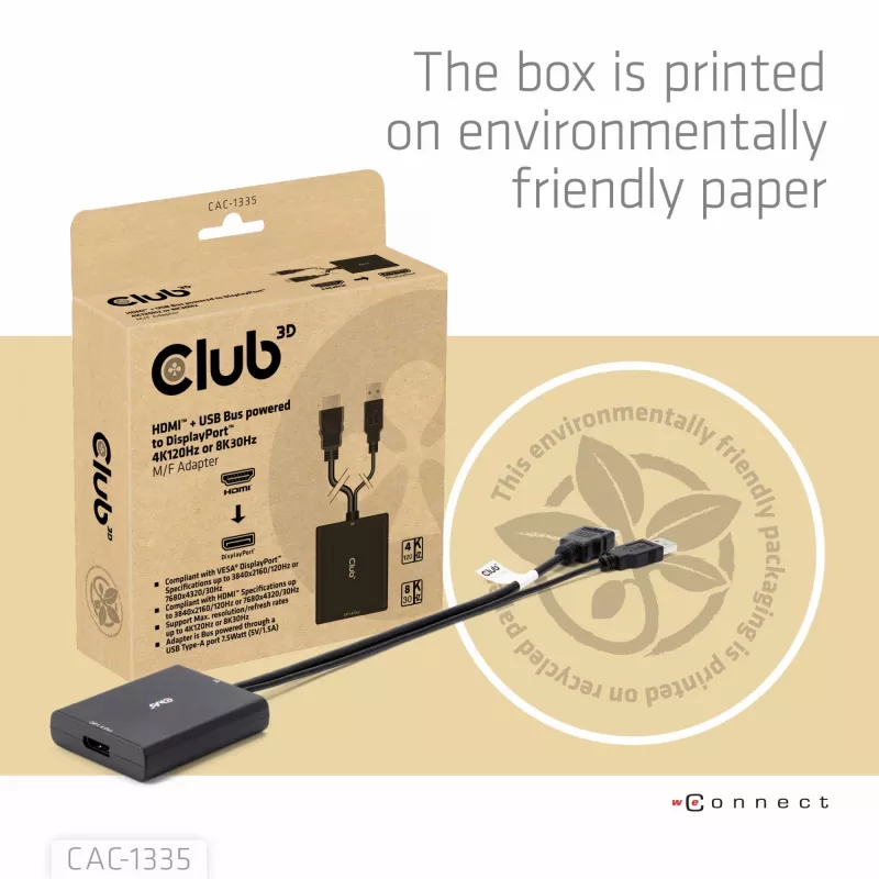CLUB3D HDMI + Micro USB to DisplayPort™ 4K120Hz or 8K30Hz M/F Active Adapter