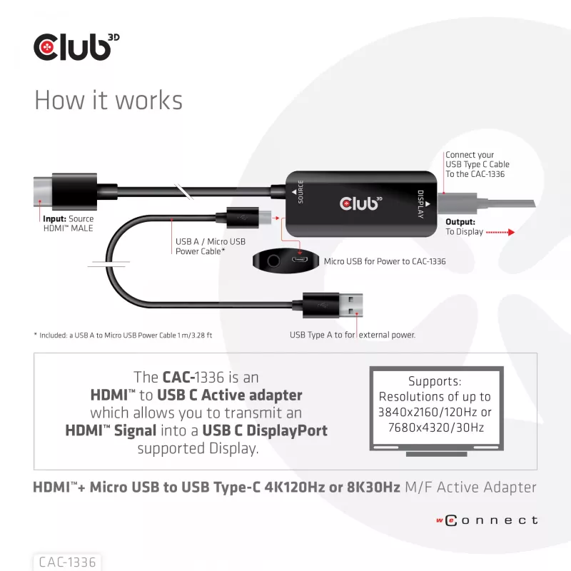 CLUB3D HDMI + Micro USB to USB Type-C 4K120Hz or 8K30Hz M/F Active Adapter
